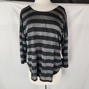 New York & Company Soft Tee Black Metallic Stripe Criss-Cross Back Large NWT